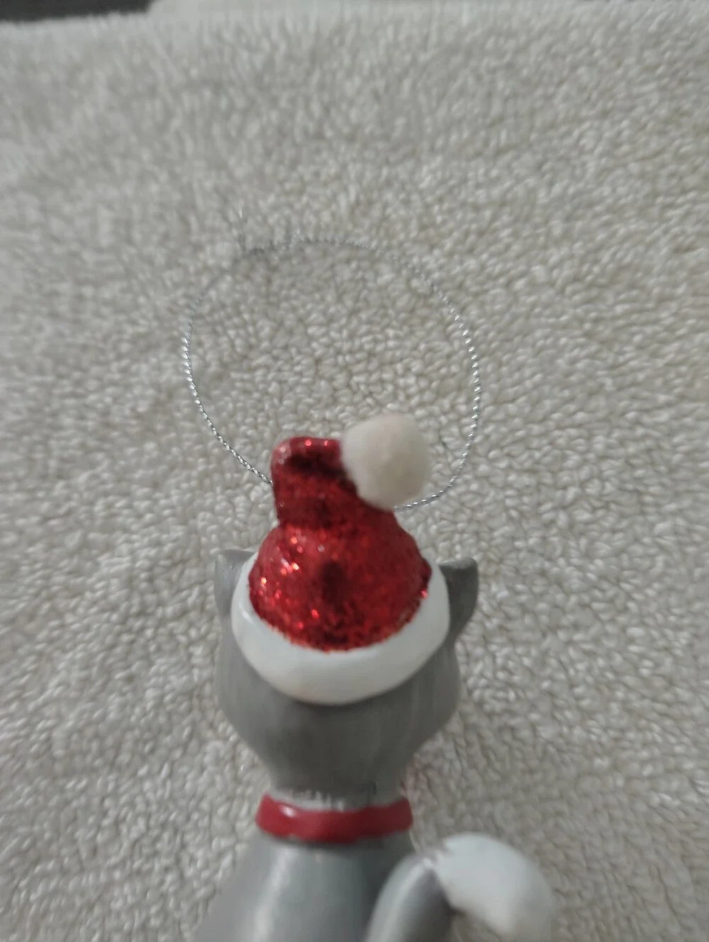 Gray & White Festive Cat Ornament with Red Hat and Bell By Ganz